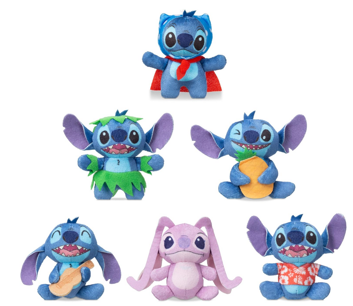 Six Stitch Micro Teenies Plush collectibles including Stitch with Cape, Grass Skirt, Guitar, Pineapple, Hawaiian Shirt, and Angel.