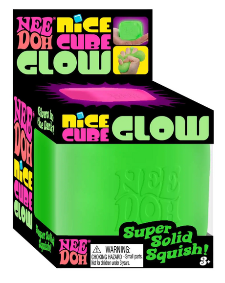 NeeDoh Nice Cube Glow green soft squishy toy that glows in the dark, perfect for ages 3 and up.