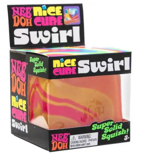 NeeDoh Nice Cube Swirl super solid squish toy in colorful swirl design, packaged in clear display box.