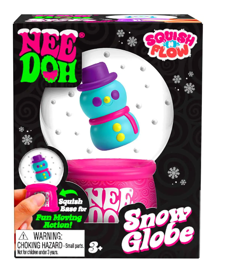 NeeDoh Squish n Flow Snow Globe featuring a colorful snowman toy with squish base for fun moving action, age 3+