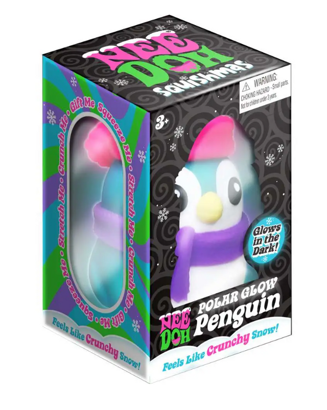 NeeDoh Polar Glow Penguin toy packaged in a colorful box with a glowing penguin figure inside for ages 3 and up.