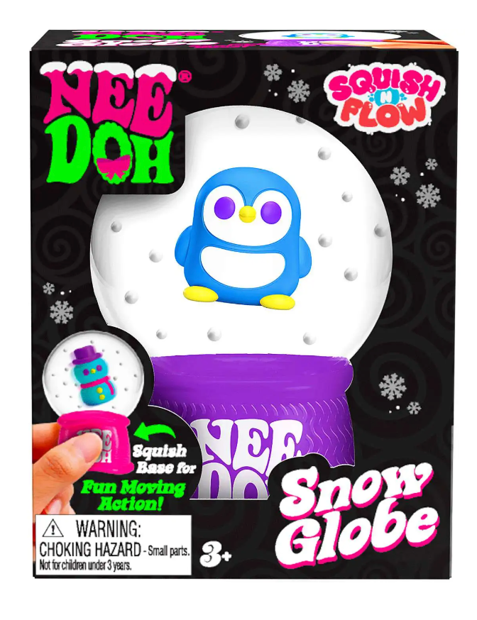 NeeDoh Squish n Flow Snow Globe with penguin figure and squish base for fun moving action, suitable for ages 3 and up.