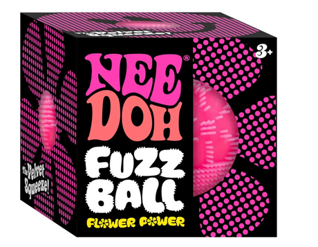 NeeDoh Fuzz Ball Flower Power stress ball in bright pink fuzz texture packaged for ages 3 and up.