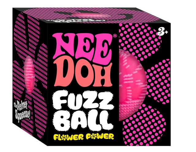 NeeDoh Fuzz Ball Flower Power stress ball in bright pink fuzz texture packaged for ages 3 and up.