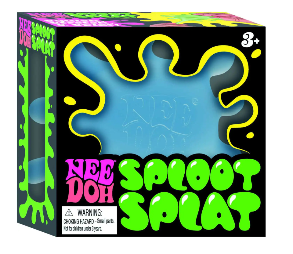 NeeDoh Sploot Splat sensory toy in blue with blob extensions for squishy, tactile fun, packaged for ages 3 and up.