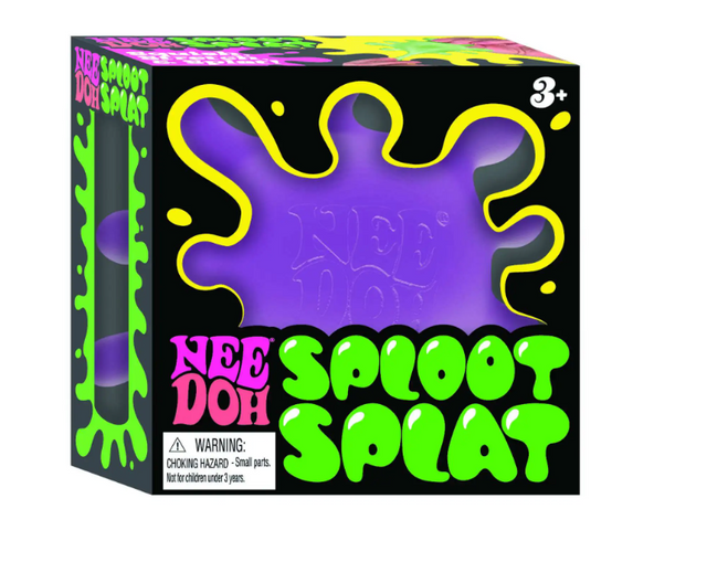 NeeDoh Sploot Splat sensory toy in purple with splat shape and blob extensions for tactile squishy fun, suitable for ages 3 and up.