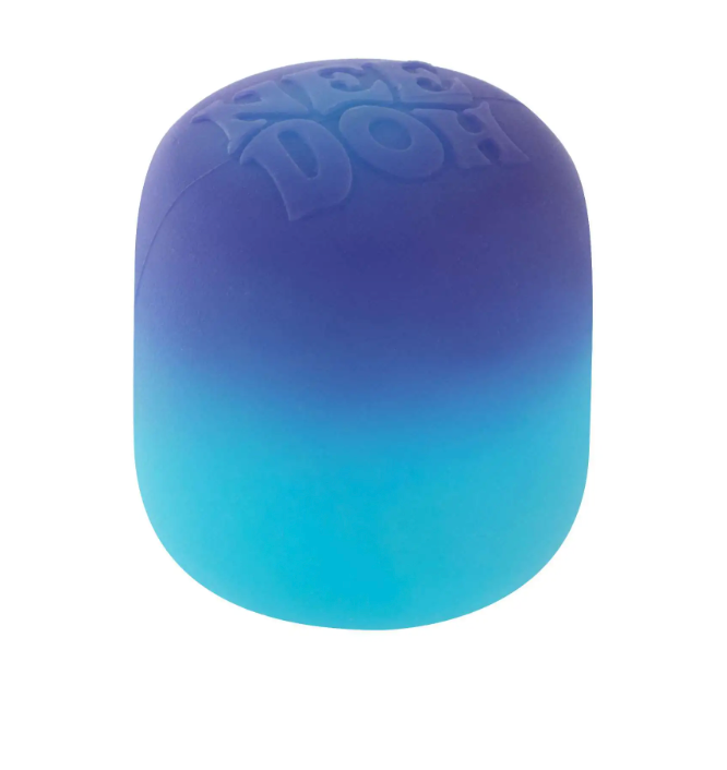 NeeDoh Mello Mallo stress ball in blue and purple gradient, soft and squeezable fidget toy for kids age 3+