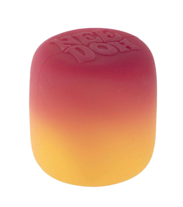 NeeDoh Mello Mallo stress ball in red and yellow gradient, soft and squishy toy for kids aged 3 and up.