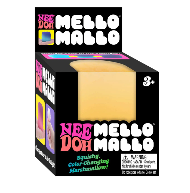 NeeDoh Mello Mallo color-changing marshmallow toy in black packaging for ages 3 and up, assorted colors sold separately