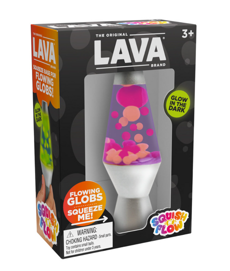 Lava Squish n Flow sensory toy with flowing pink and orange lava globs in glow-in-the-dark packaging for ages 3+