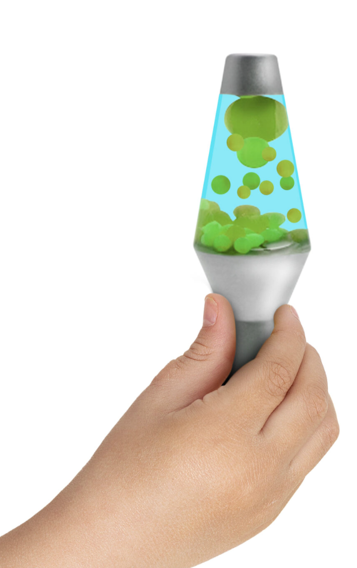 Hand holding a green and blue Lava Squish n Flow sensory toy with flowing lava globs inside.
