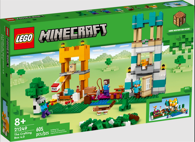 LEGO Minecraft The Crafting Box 4.0 features buildable River Towers and Cat Cottage playsets for kids 8 and up.