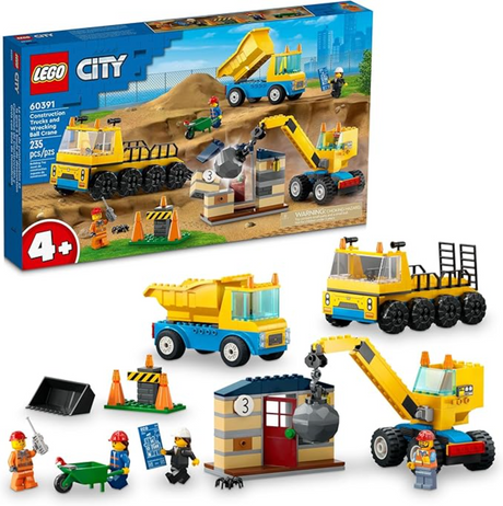 LEGO City Construction Trucks and Wrecking Ball Crane playset with 3 vehicles, minifigures, and knockdown house for kids 4+