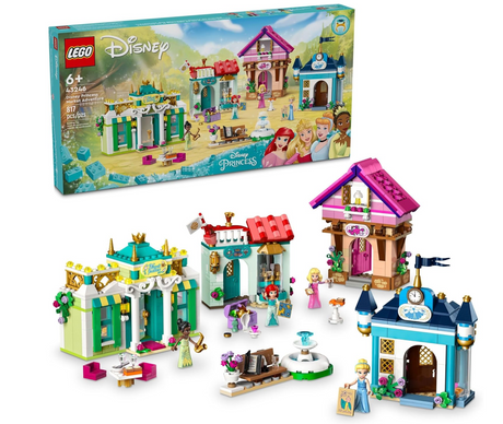 Disney Princess Market Adventure with 4 buildable stores, mini-dolls Tiana, Aurora, Cinderella, Ariel, and play accessories.