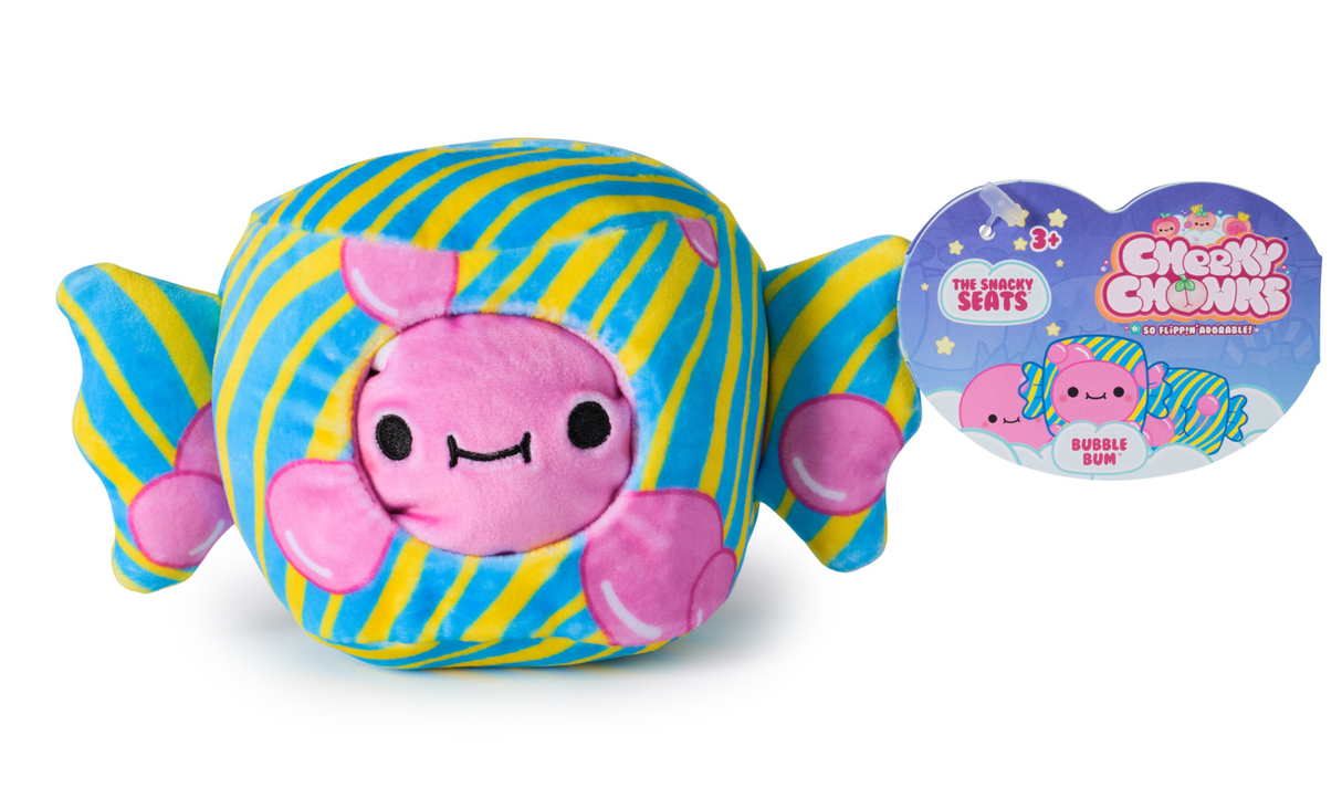 Cheeky Chonks Chonk plush toy with colorful striped candy design and squishy soft texture for kids aged 3 and up.