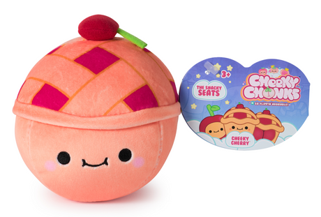 Cheeky Chonks Chonk plush toy with smiling face and cherry pie design, soft, squishy, and travel-sized.