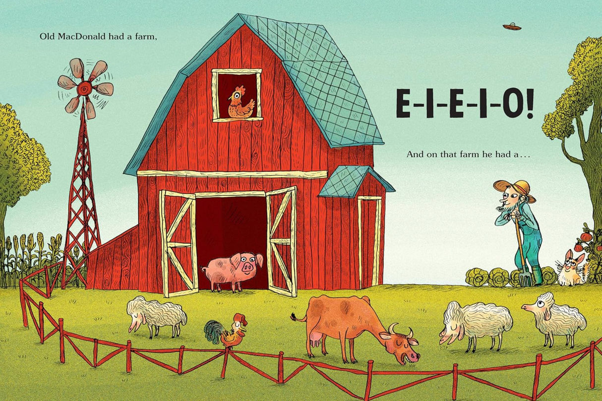 E-I-UFO showing Old MacDonald’s traditional red barn with farm animals and a farmer in a colorful illustrated scene.