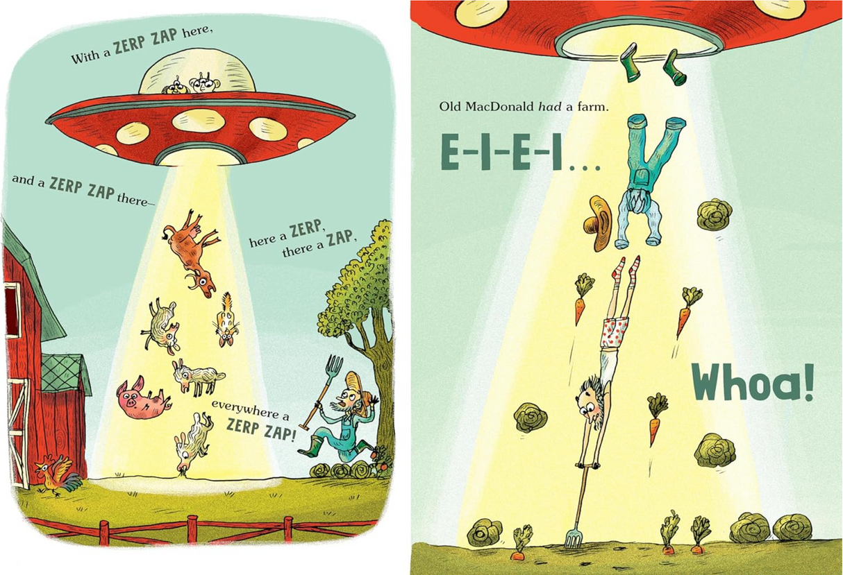 E-I-UFO showing animals beamed up by a UFO while Old MacDonald and a child float in a beam of light.