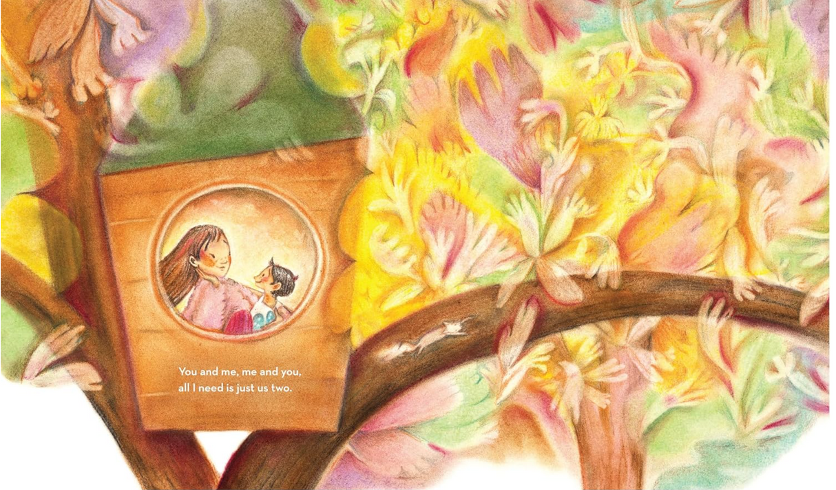 Illustration from "And Then Came You" showing a parent and child cuddling in a treehouse surrounded by colorful autumn leaves.