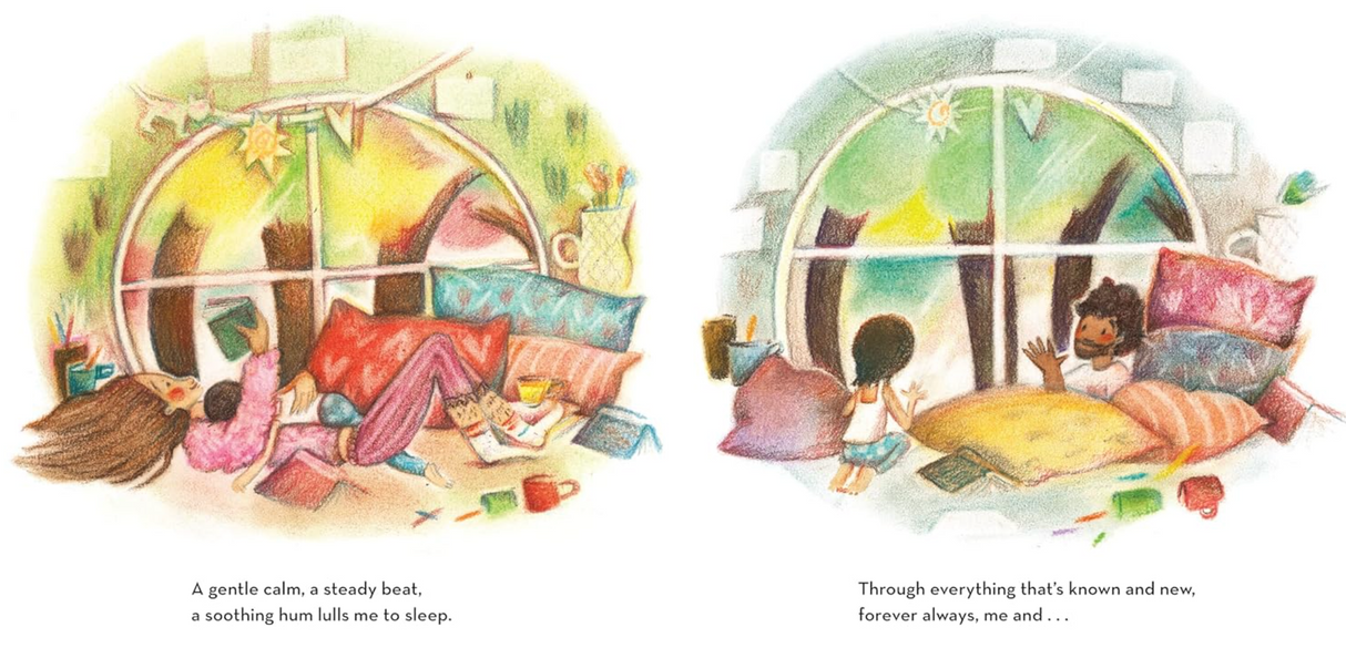Illustration from "And Then Came You" showing children resting and playing by a cozy window seat in a softly lit room.