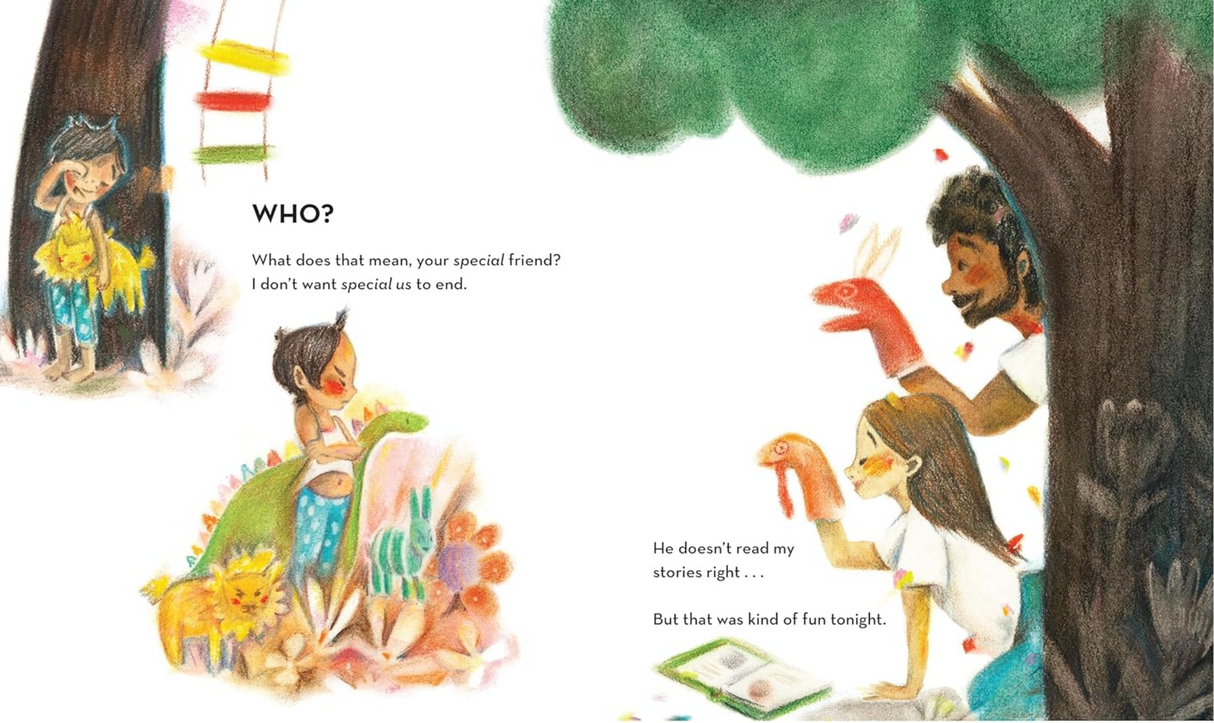 Illustration from "And Then Came You" showing children and a parent enjoying storytime outdoors with animals nearby.