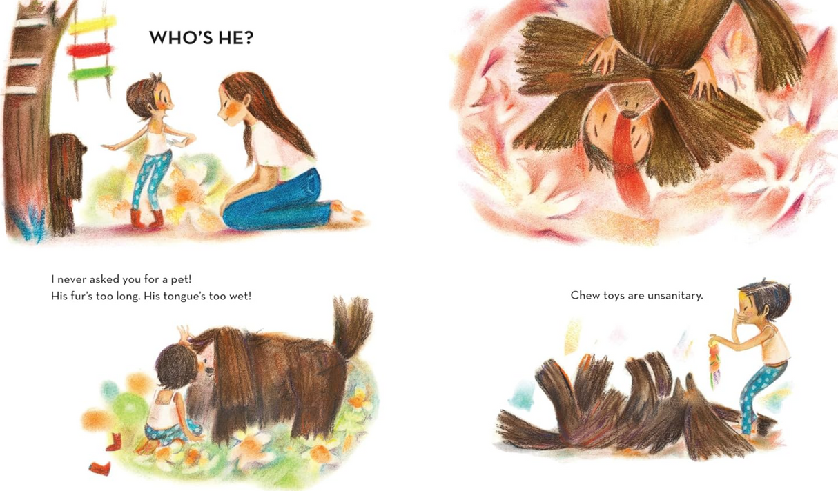 And Then Came You children’s book illustrations showing a child meeting a playful pet and learning about change.