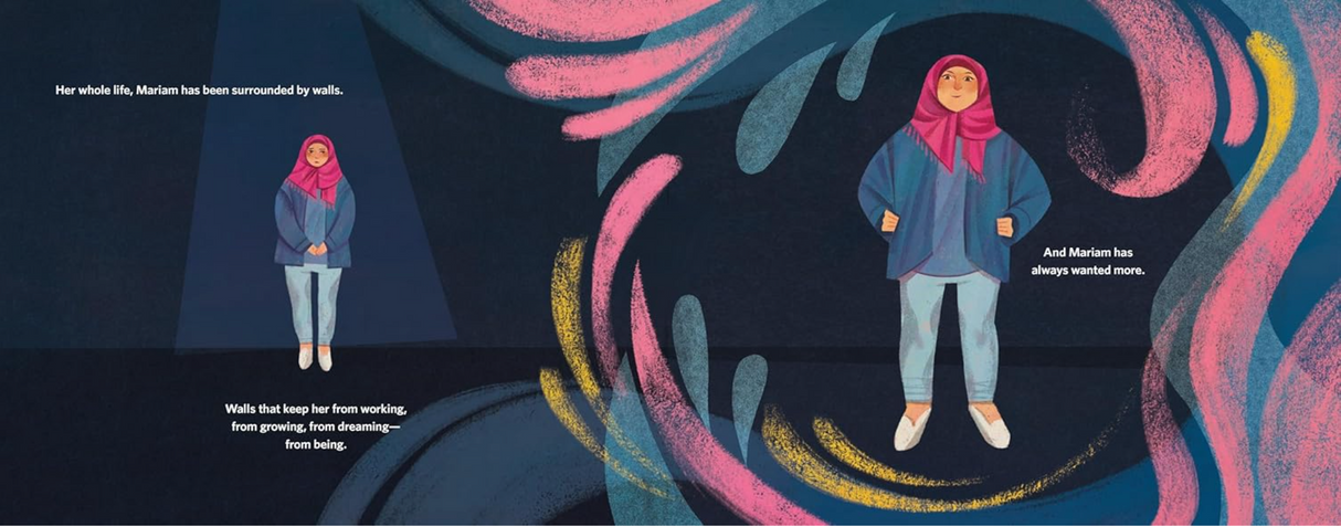 Illustration from Mariam's Dream showing a determined woman standing amid colorful swirling patterns symbolizing hope and challenges.