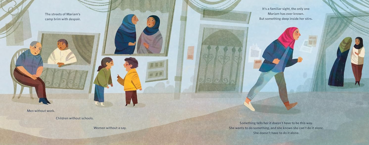 Illustration from Mariam's Dream showing a refugee camp with women, children, and men amid a hopeful, somber atmosphere.