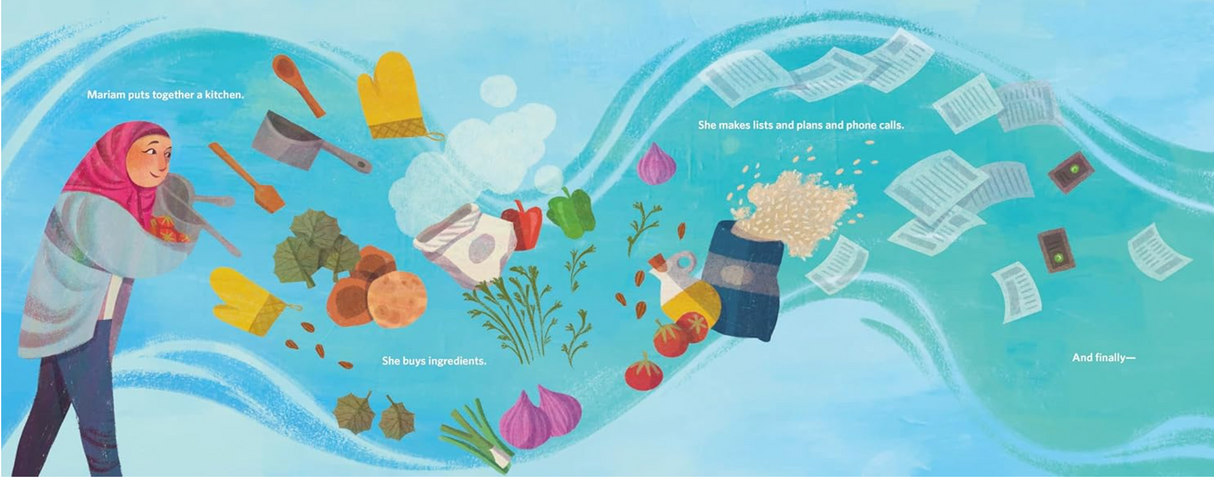 Illustration from Mariam's Dream showing Mariam gathering ingredients and preparing to start her food business.