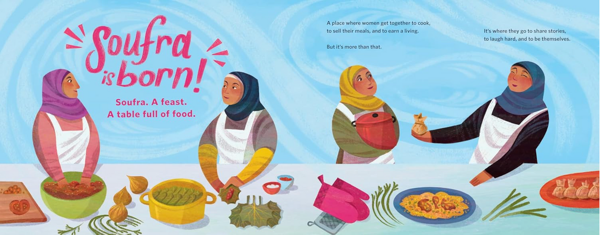 Mariam's Dream illustration shows women cooking together, sharing stories, and preparing Middle Eastern dishes in a vibrant community.