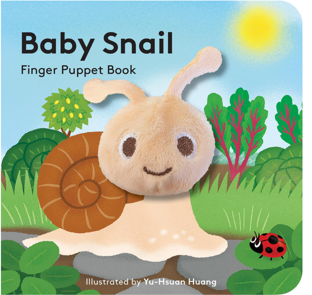 Baby Snail with Finger Puppet board book featuring a soft snail puppet and colorful garden illustrations for toddlers.