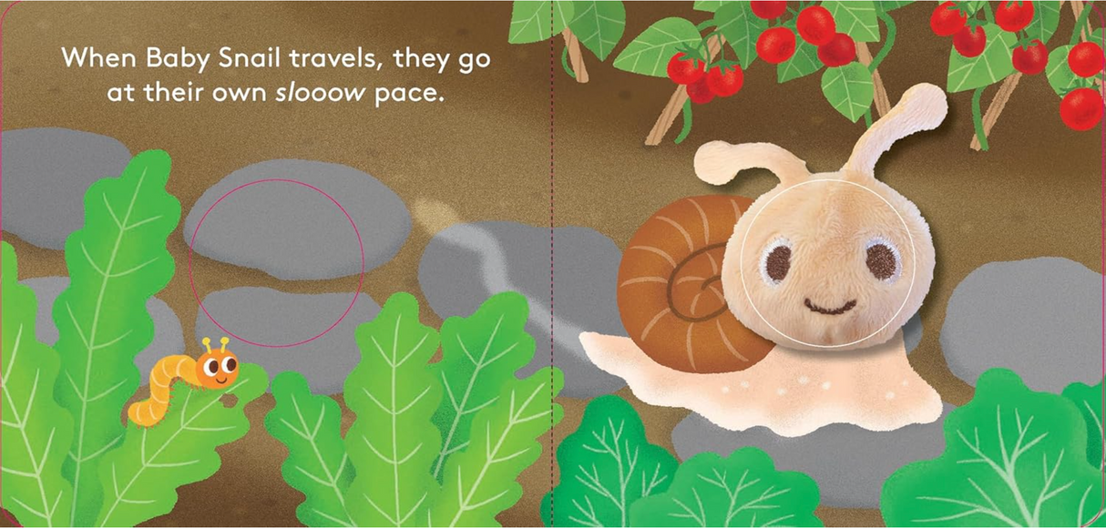 Baby Snail with Finger Puppet shows a plush snail in a garden setting with illustrated plants and a smiling caterpillar.