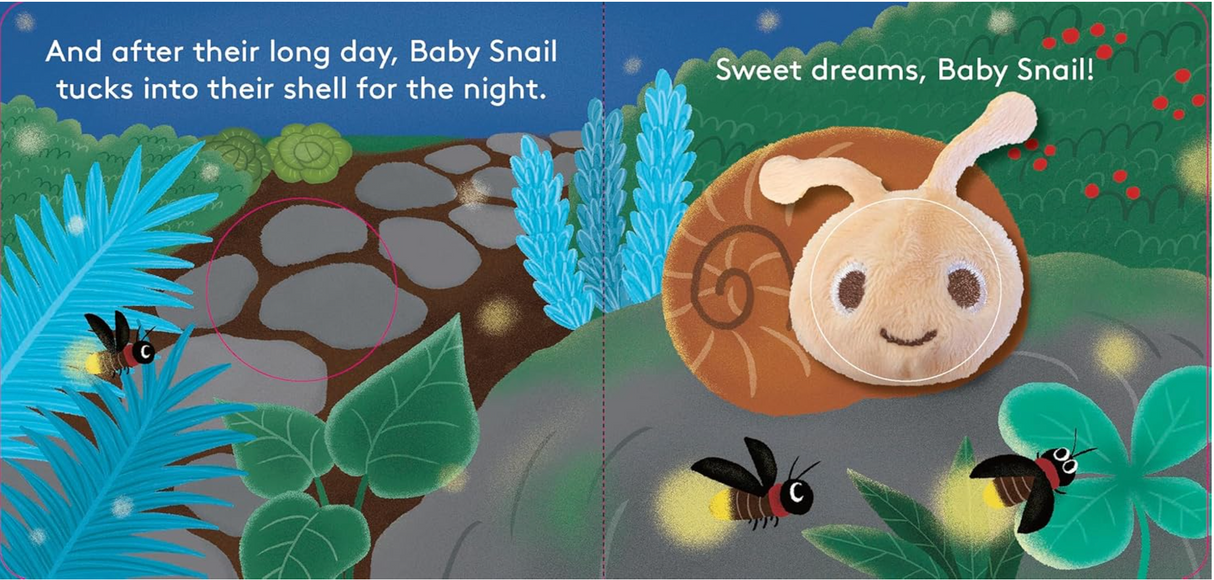 Baby Snail with Finger Puppet shows a plush snail puppet resting in a colorful garden scene at night.