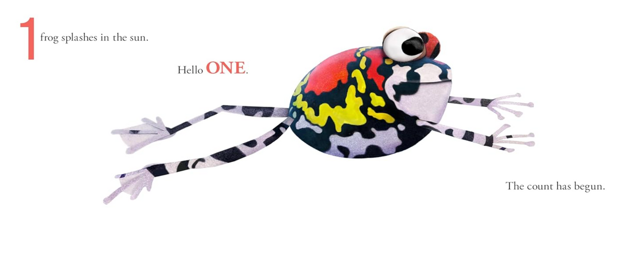 Hello Hello Numbers board book page showing a colorful frog illustrating the number one for early counting fun.