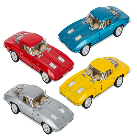 Five-inch die-cast Corvette Sting Ray toy cars in red, blue, yellow, and silver with functional doors.