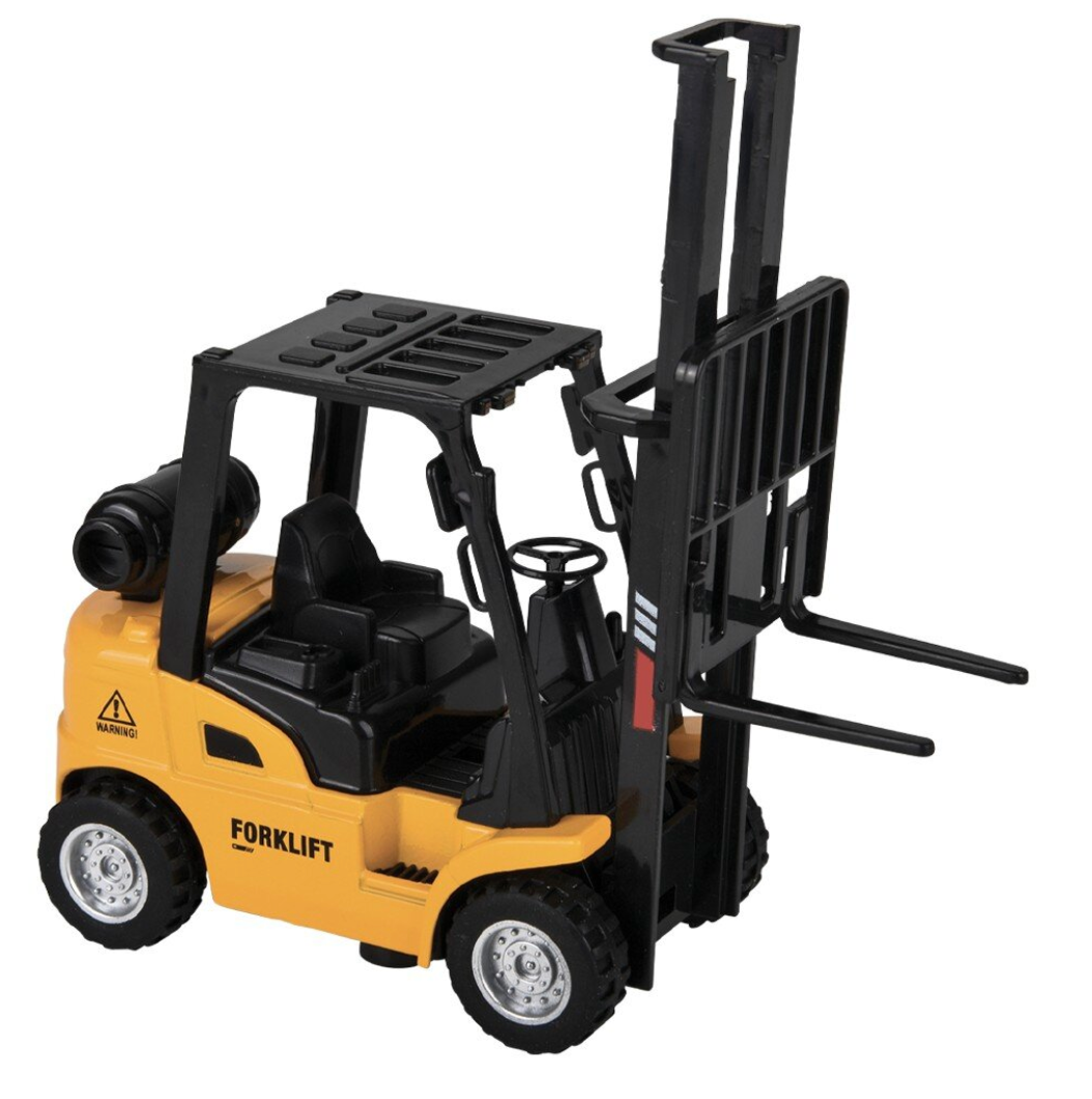 5" Diecast Pull Back Forklift toy with movable forks, designed for ages 3+, perfect for play on hard surfaces.