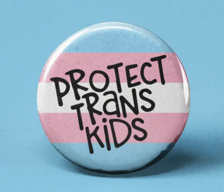 Button | Protect Trans Kids with black text on a pastel blue, pink, and white background promoting support for transgender children.