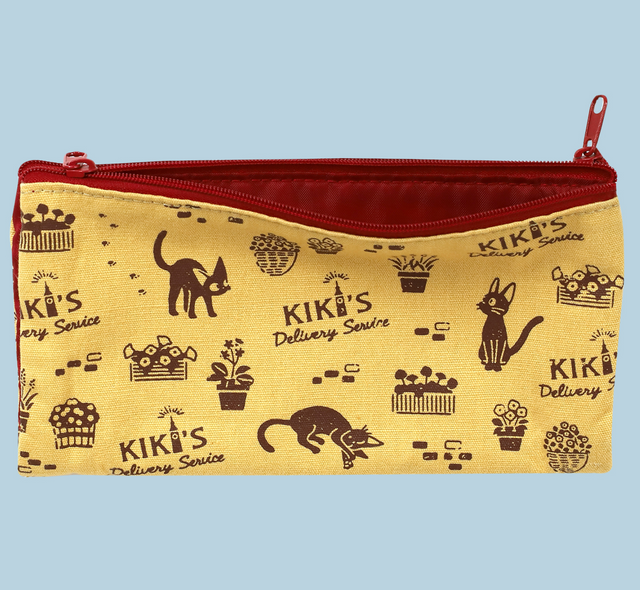 Kiki's Delivery Service Pen Case with Jiji and bakery print on yellow canvas, featuring a deep red zipper and interior lining.