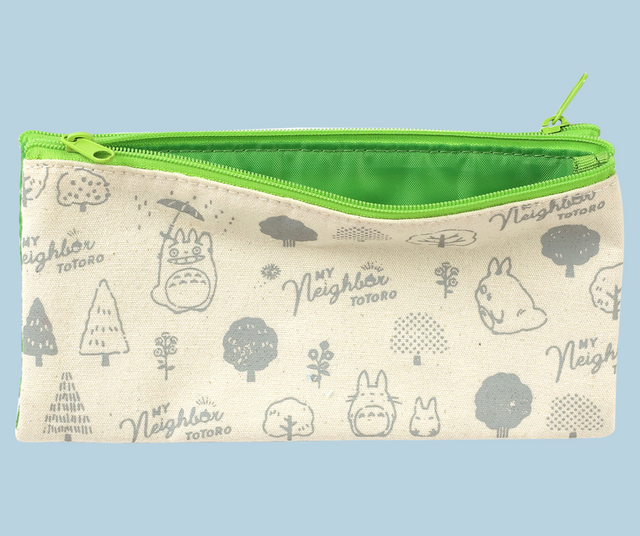 My Neighbor Totoro Pen Case in beige with gray prints and vibrant green interior, foldable and zipper-closed organizer.