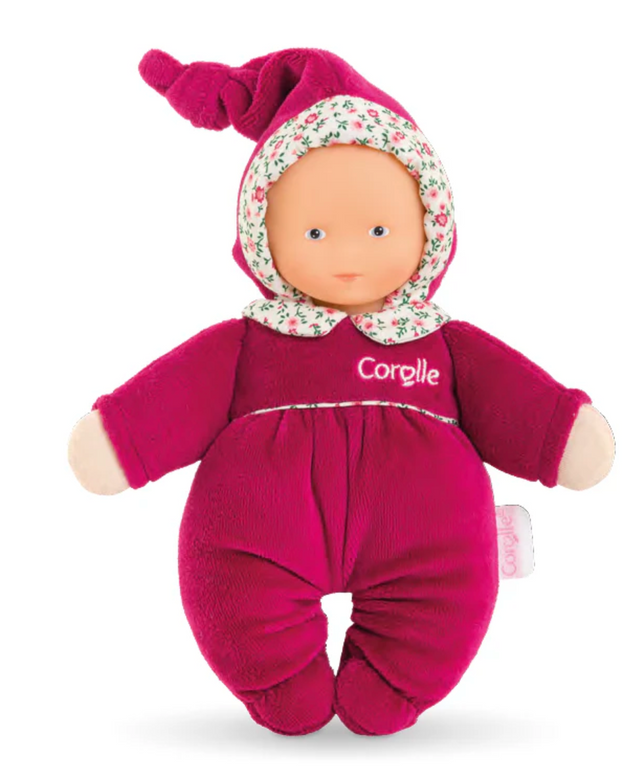Babidoux Pink Grenadine soft toddler doll with vinyl face, floral collar, and plush pink outfit for easy gripping.
