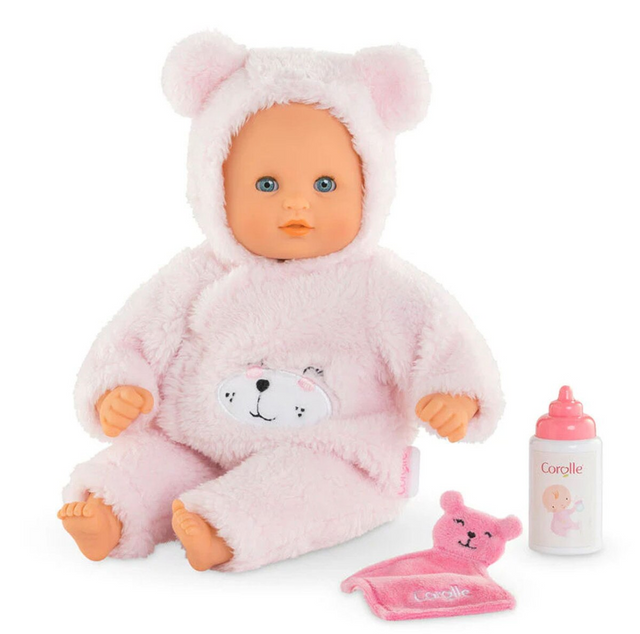 Calin Loving Teddy Bear doll in pink bear suit with blue eyes, bottle, and lovey for toddlers 18 months plus.