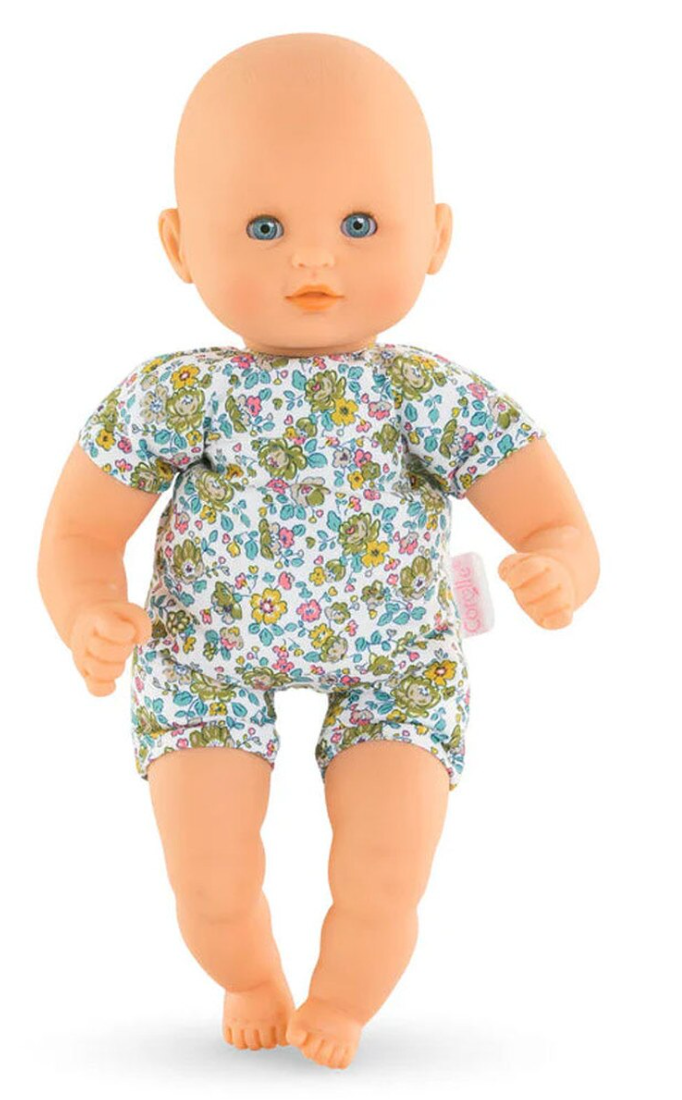 Calin Loving Teddy Bear doll in floral outfit with blue eyes, ideal first baby doll for toddlers 18 months plus.
