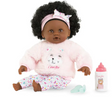 Calin Caroline Set baby doll with soft vinyl limbs, curly hair, pink outfit, headband, and feeding accessories.