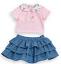 12in Weekend in Paris T-Shirt & Ruffled Skirt set with pink top and blue tiered skirt for imaginative play, age 18m+