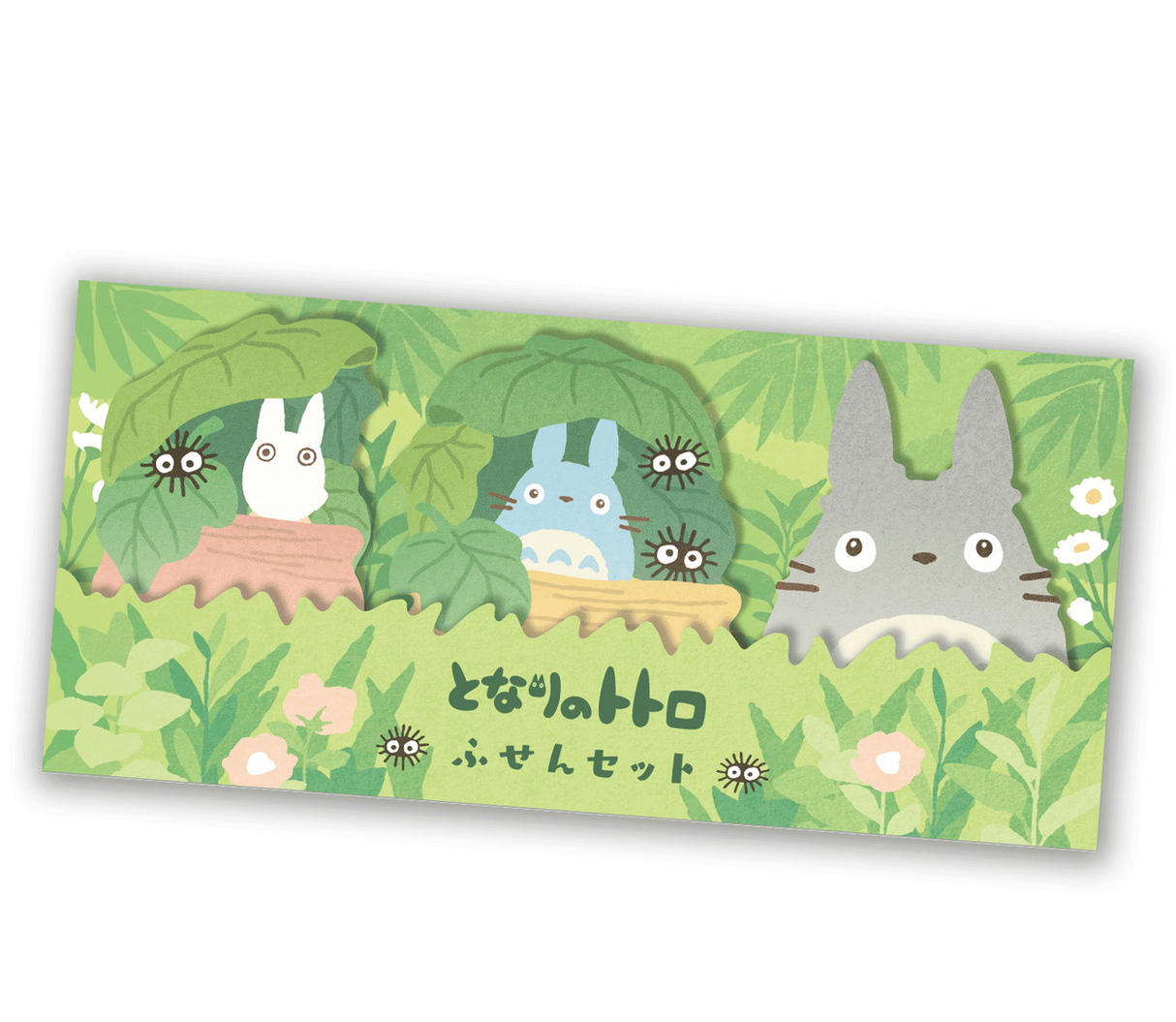 My Neighbor Totoro Sticky Note Set featuring Totoro characters and soot sprites in a leafy green design.