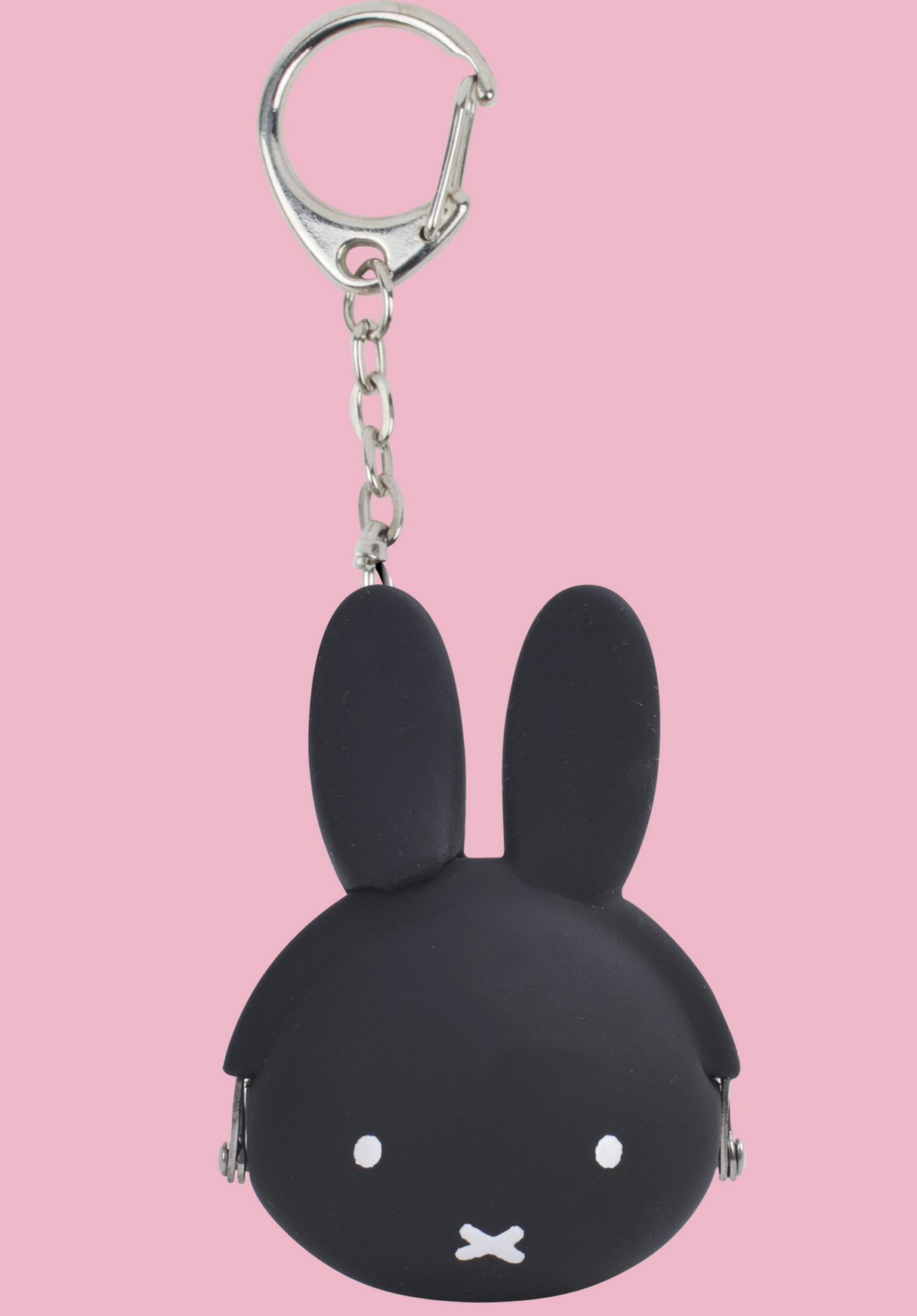 mimi POCHI BABY Miffy Pouch Black silicone coin case with bunny face and keychain attachment on pink background