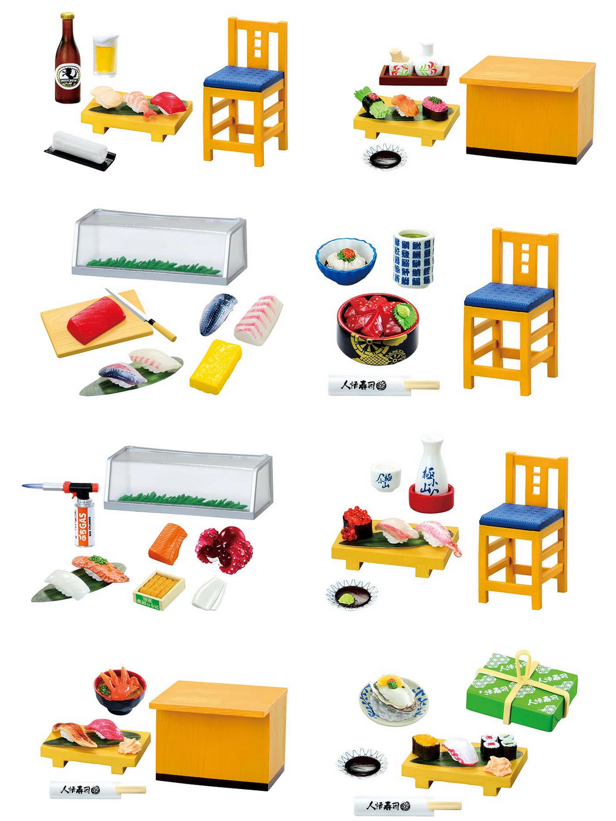 Re-Ment | Sushi Restaurant Blind Box miniature sushi sets with chair, sushi dishes, sake, and traditional restaurant items.