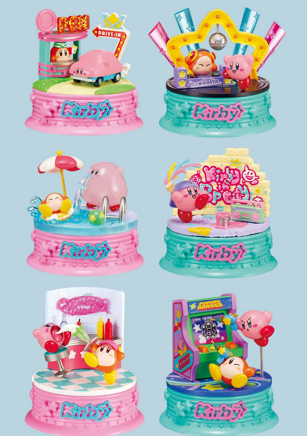 Re-Ment | Kirby in Pop City! Blind Box featuring six colorful mini dioramas with Kirby and friends in playful scenes.