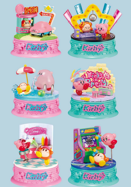 Re-Ment | Kirby in Pop City! Blind Box featuring six colorful mini dioramas with Kirby and friends in playful scenes.