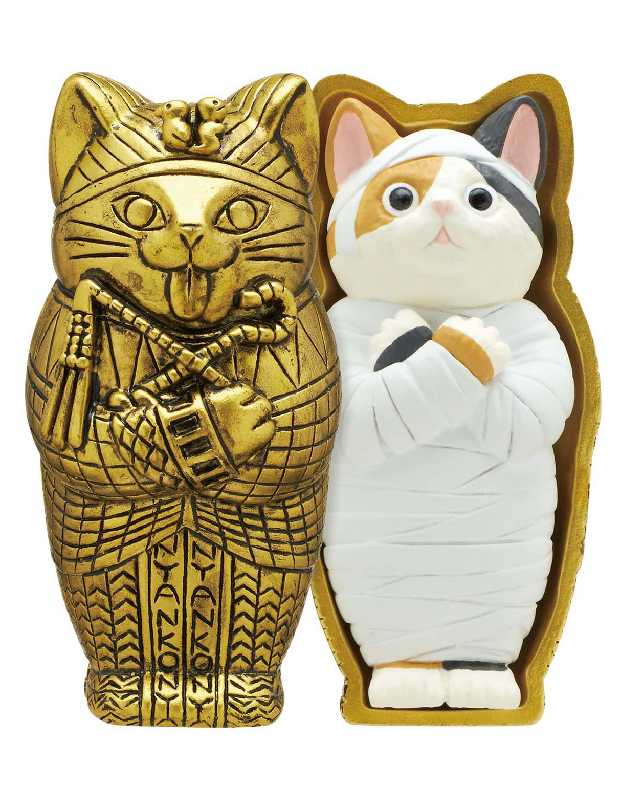 Mummy Cat Blind Box showing a wrapped cat figure and detailed gold coffin with ancient feline design.